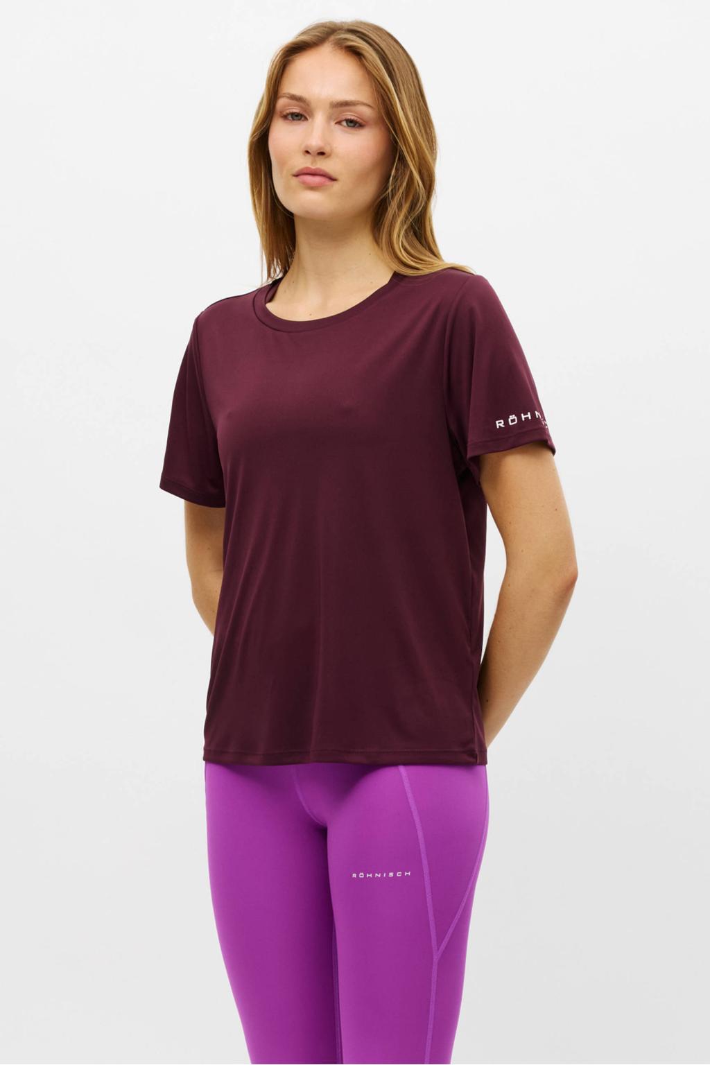 Donkerrode dames Rohnisch sportshirt van polyester met korte mouwen en ronde hals