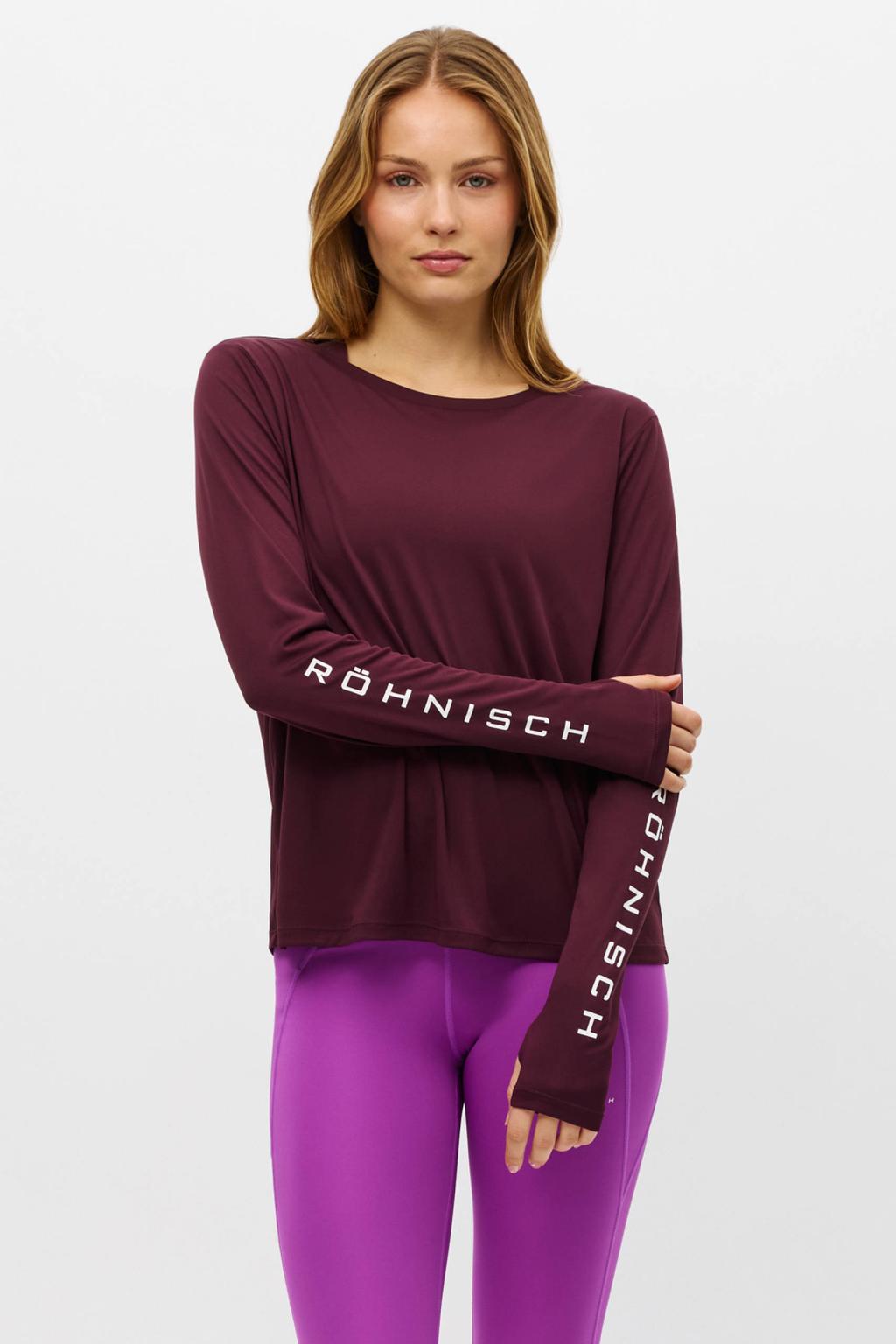 Donkerrode dames Rohnisch sportshirt mouwen van polyester met lange mouwen en ronde hals