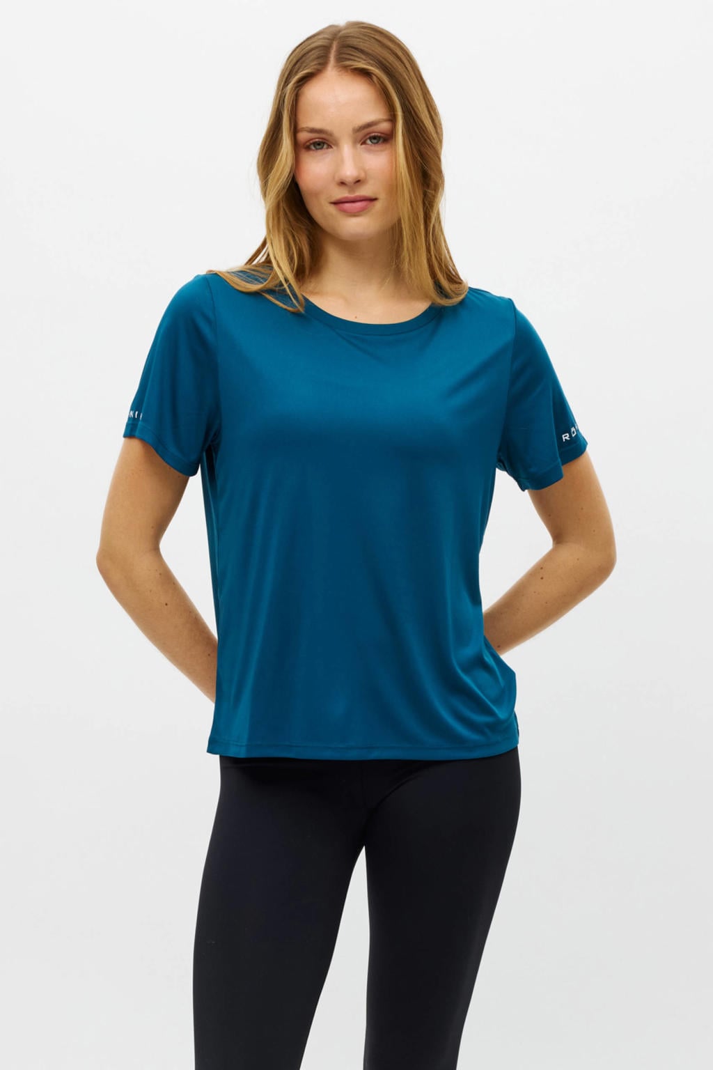 Petrolkleurige dames Rohnisch sportshirt van polyester met korte mouwen en ronde hals