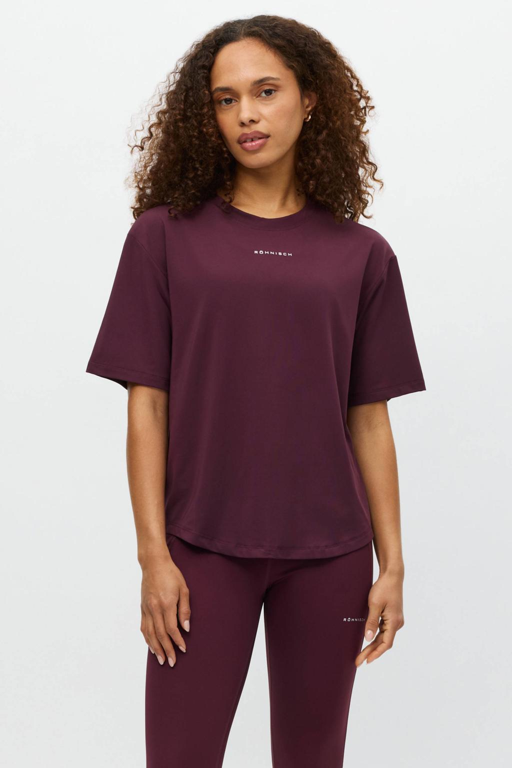 Donkerrode dames Rohnisch sportshirt van polyester met korte mouwen en ronde hals