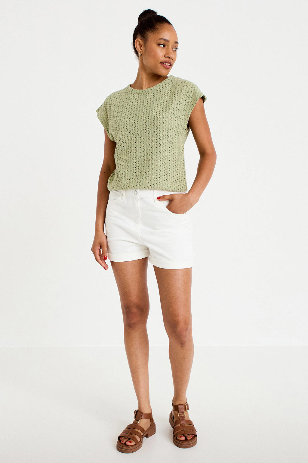 Grijsgroene dames Cache Cache top groen met effen en semi-transparante details