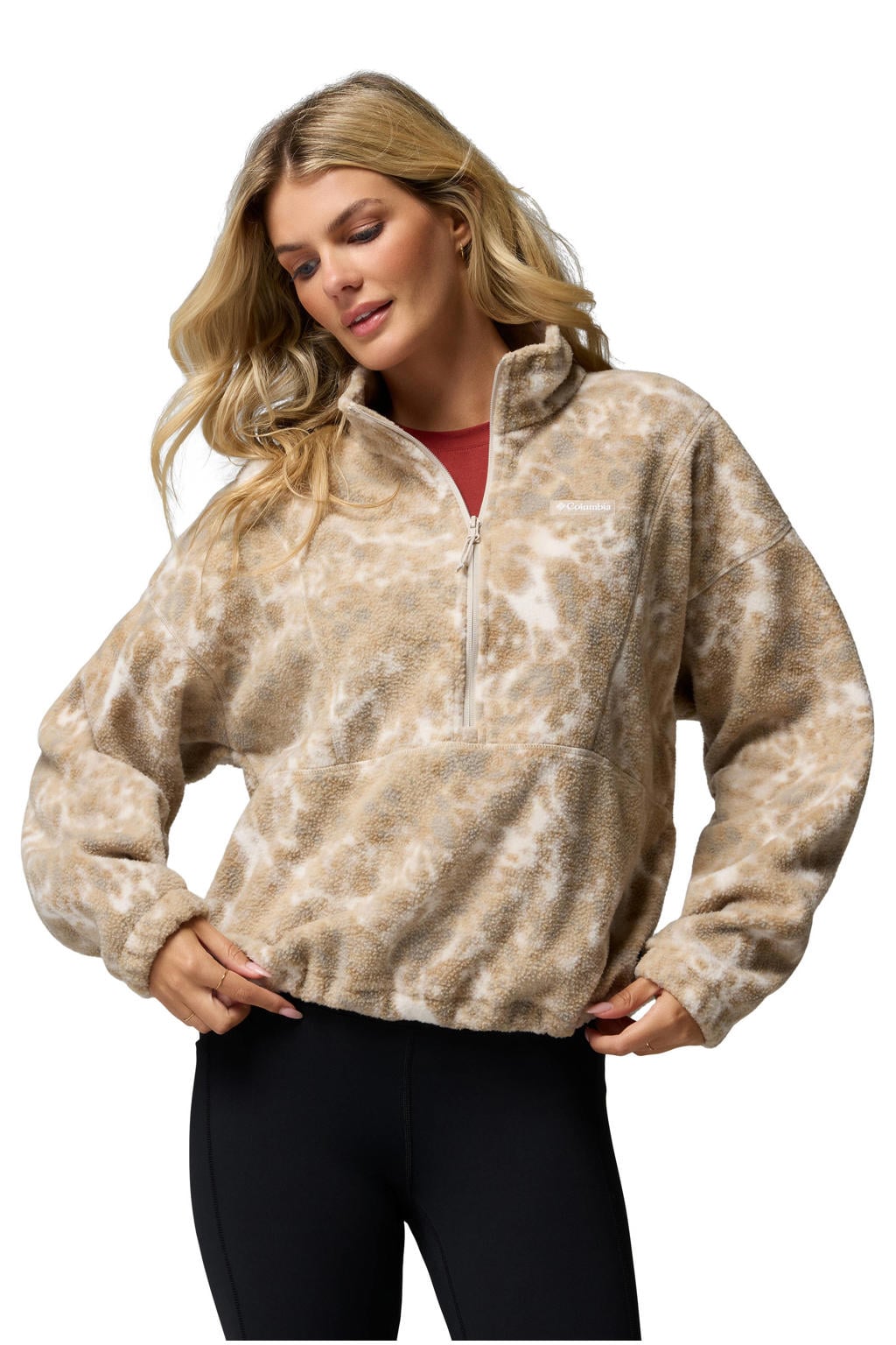 Beige en witte dames Columbia Timber Crest™ MTR fleece sweater met lange mouwen, opstaande kraag en halve rits