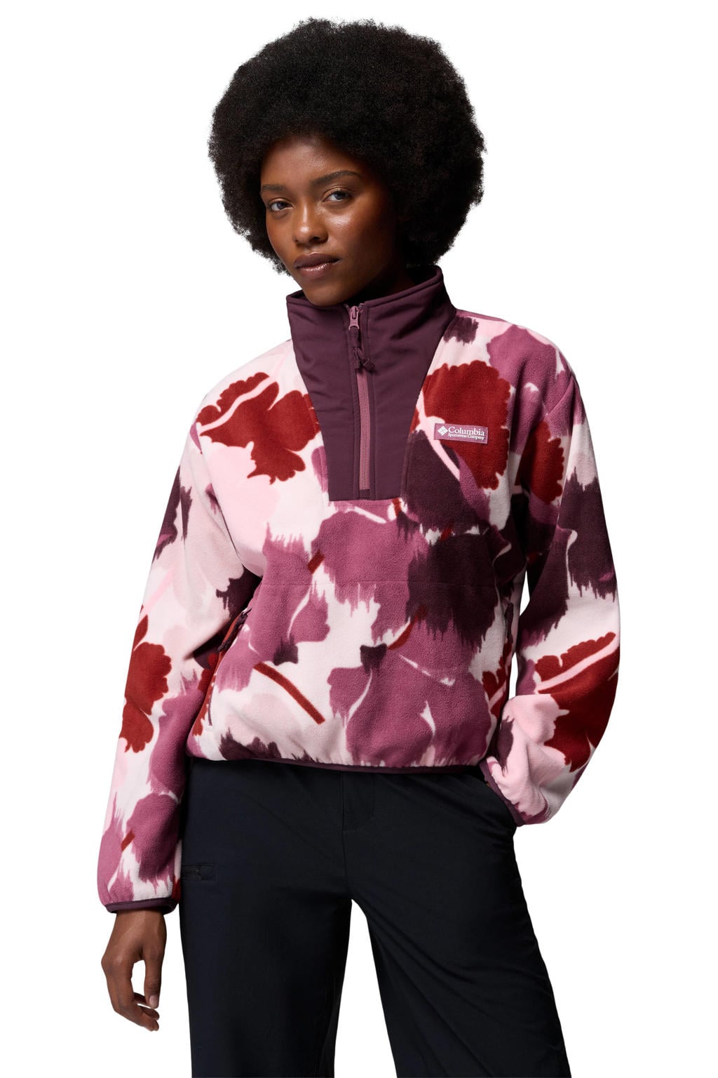 Donkerrood, roze en witte dames Columbia Sequoia Grove™ II fleece sweater met lange mouwen, opstaande kraag en halve rits