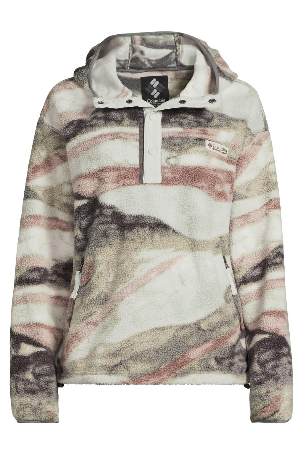 Wit, groen en roze dames Columbia Helvetia™ II fleece hoodie met lange mouwen, capuchon en drukknoopsluiting