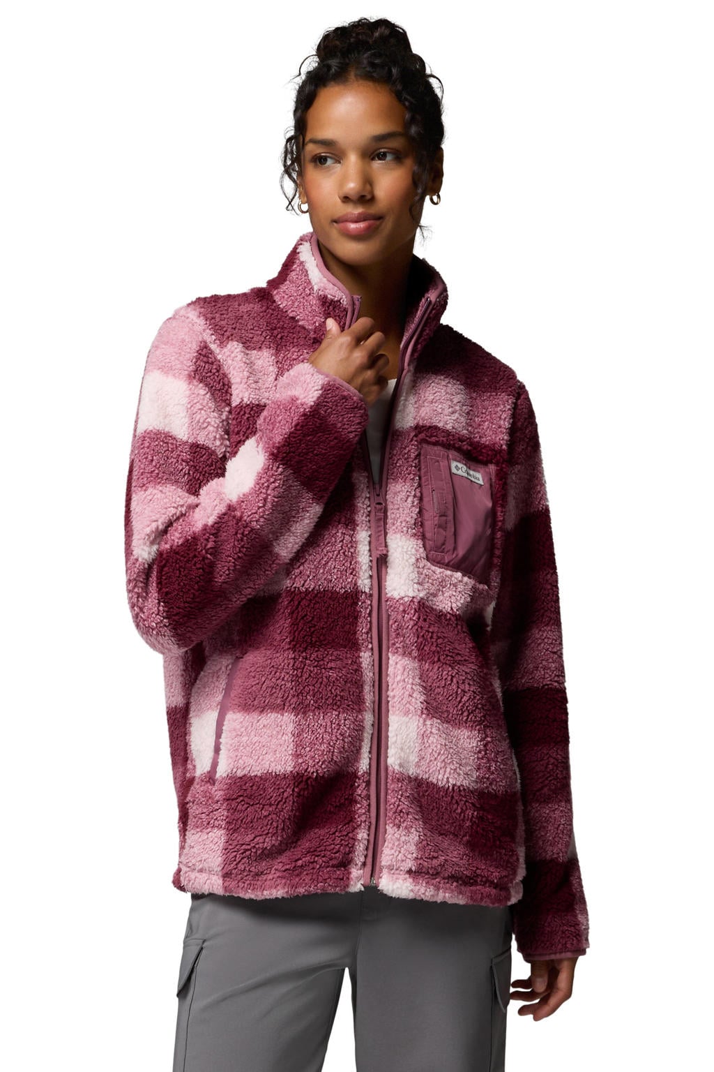 Donkerrood, roze en witte dames Columbia West Bend™ fleece vest met ruitenprint, lange mouwen, opstaande kraag en ritssluiting