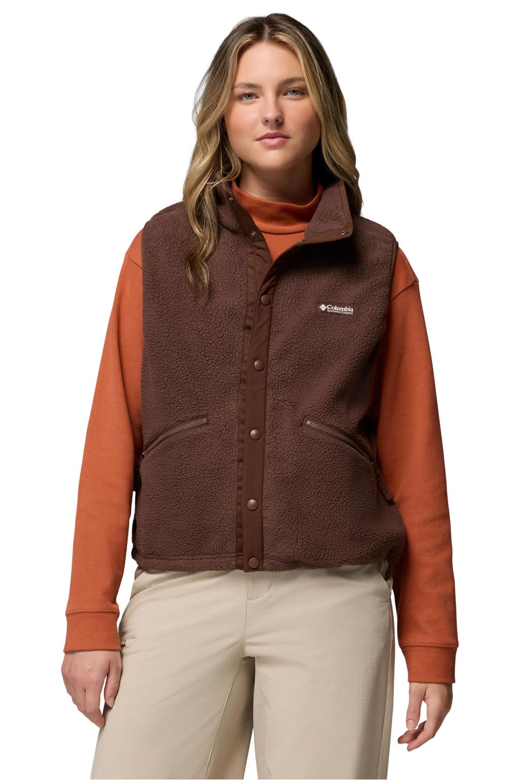 Bruine dames Columbia Helvetia™ fleece bodywarmer met opstaande kraag en drukknoopsluiting