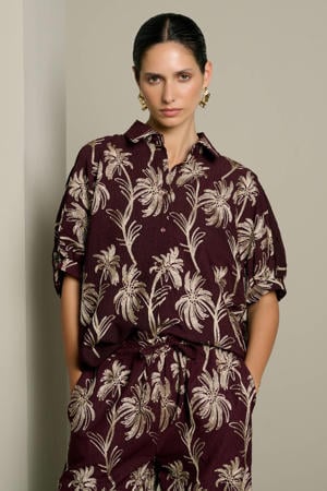 blouse met borduursels en print - bruin