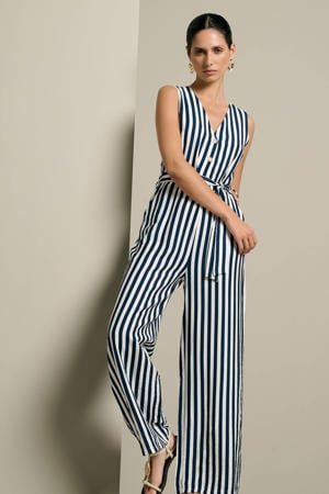 gestreepte jumpsuit met ceintuur - donkerblauw