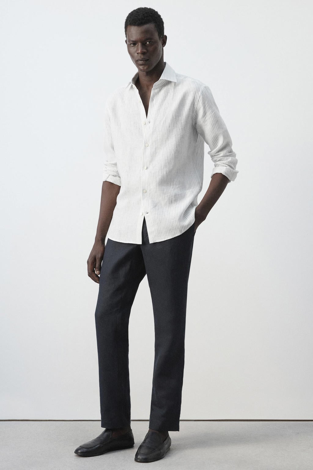 Mango Man slim fit overhemd met krijtstreep en linnen - ecru