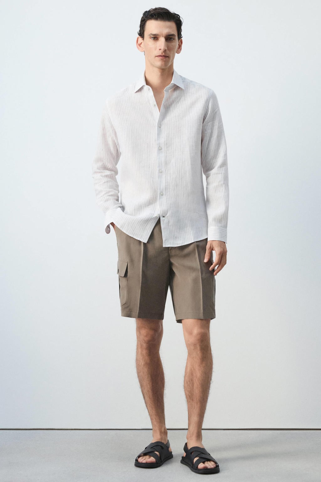 Mango Man slim fit overhemd met krijtstreep en linnen - wit