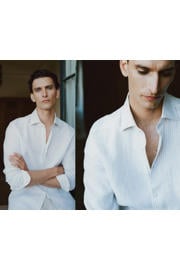 thumbnail: Mango Man slim fit overhemd met krijtstreep en linnen - wit