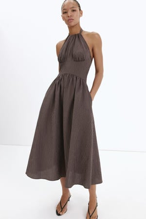 halter geruite midi jurk met open rug - bruin