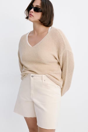 regular waist straight leg denim short - beige