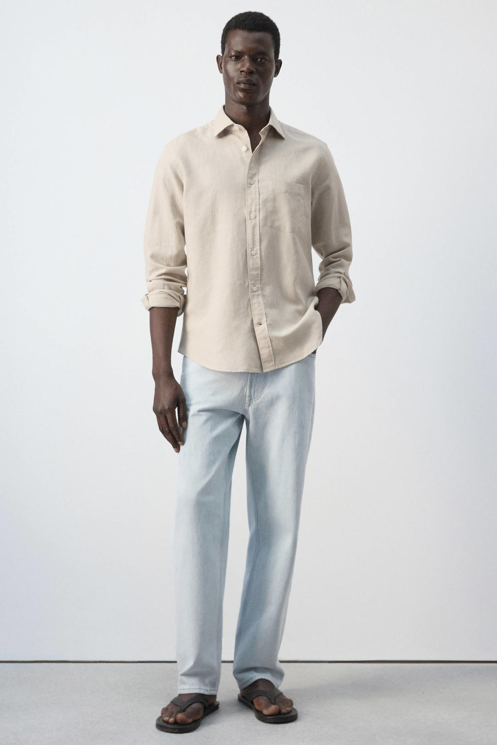 Mango Man regular fit overhemd met linnen - lichtbeige
