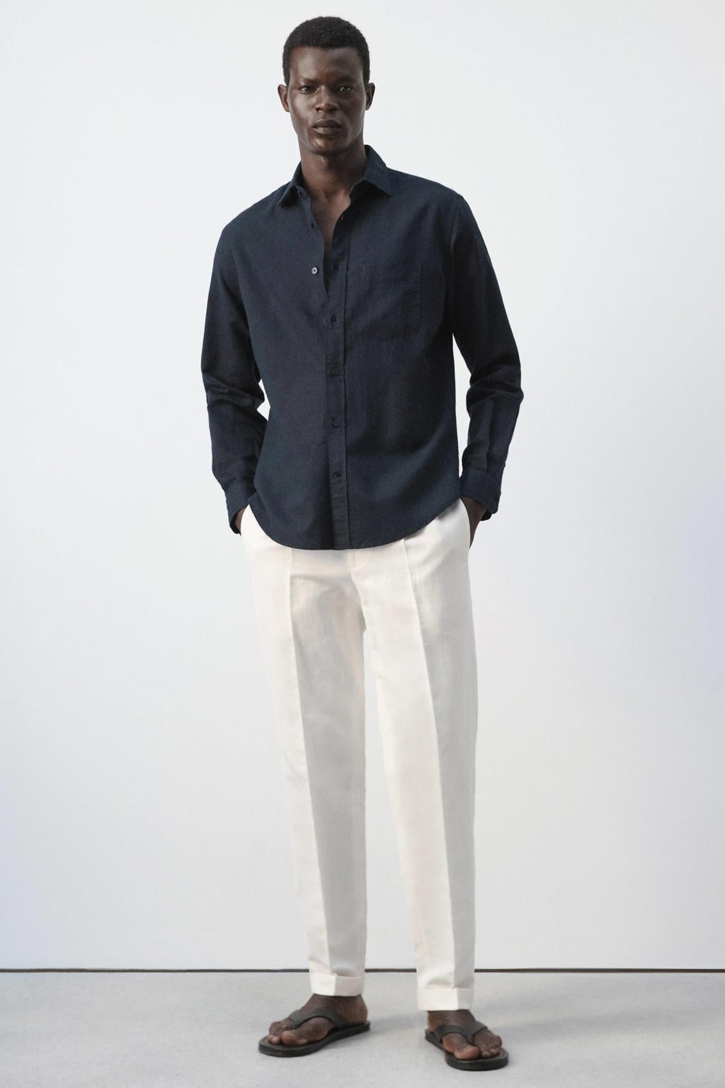 Mango Man regular fit overhemd met linnen - marine