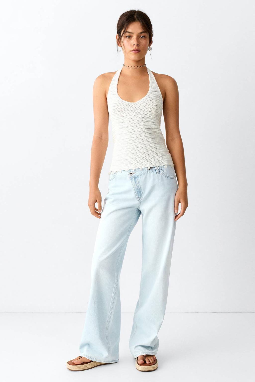 Light blue denim meisjes MANGO TEEN baggy jeans van denim met regular waist, rits- en knoopsluiting en effen