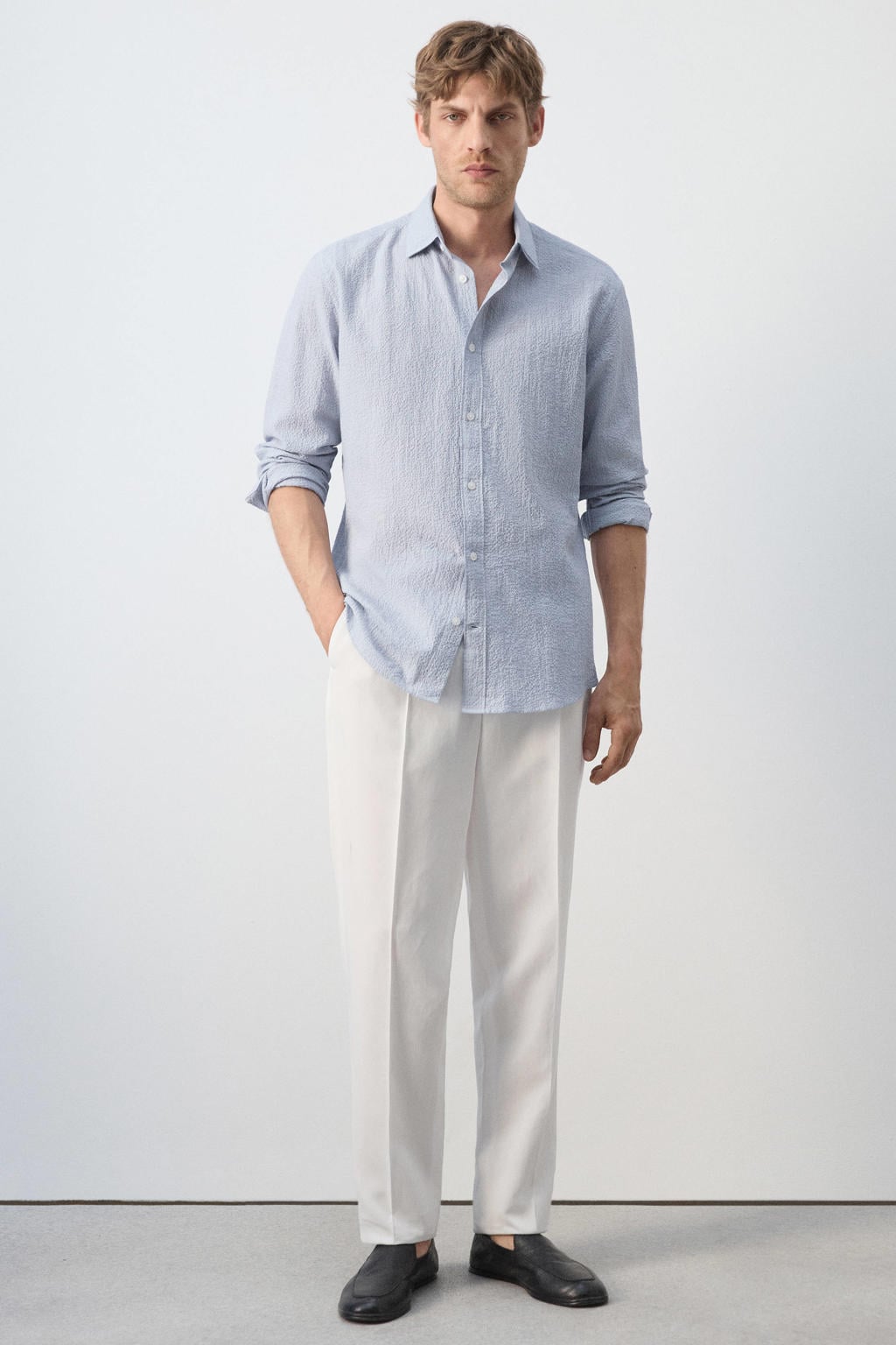 Mango Man slim fit gestreept overhemd - middenblauw
