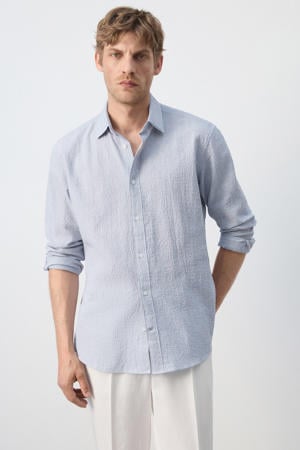 slim fit gestreept overhemd - middenblauw