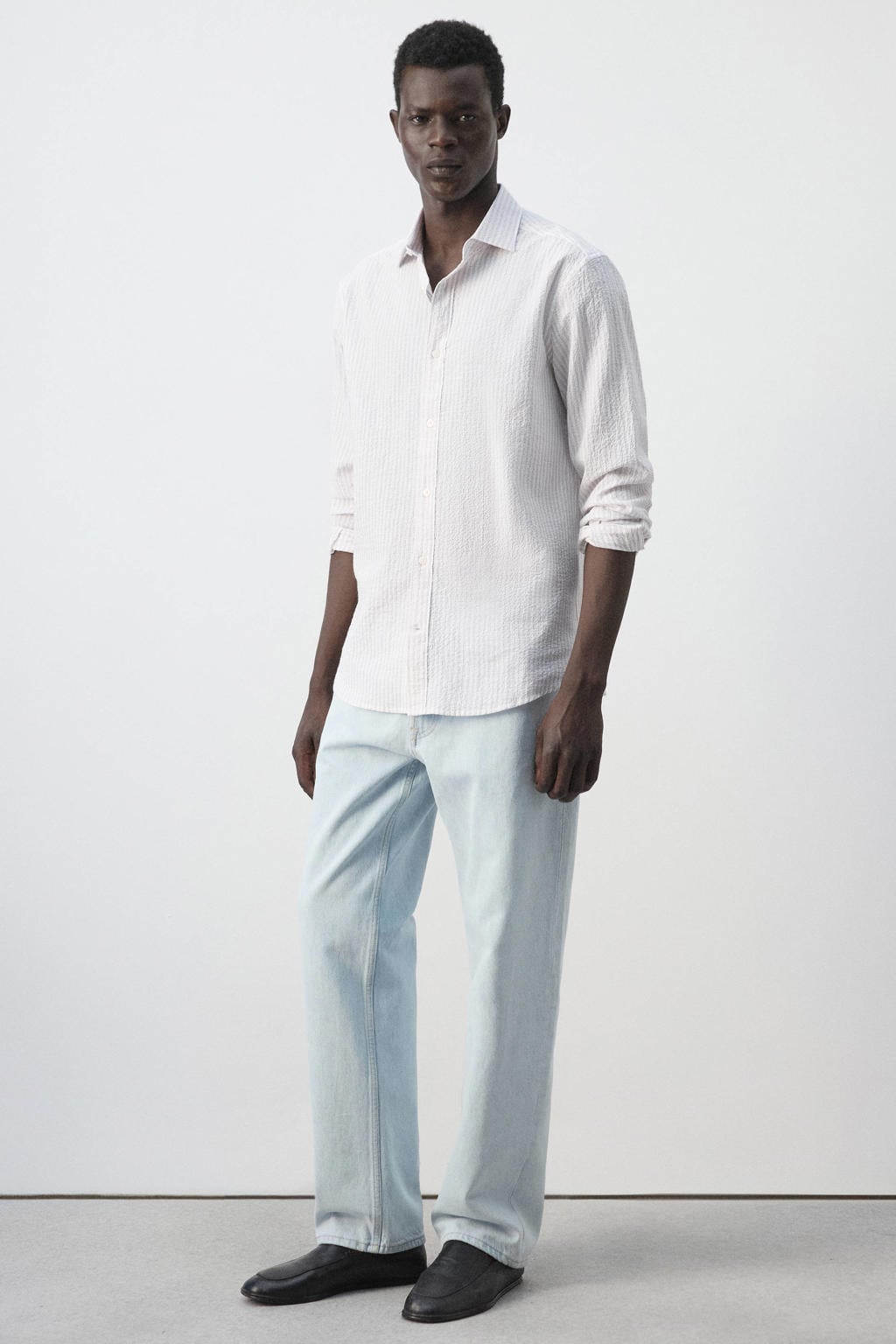 Mango Man slim fit gestreept overhemd - pastelroze