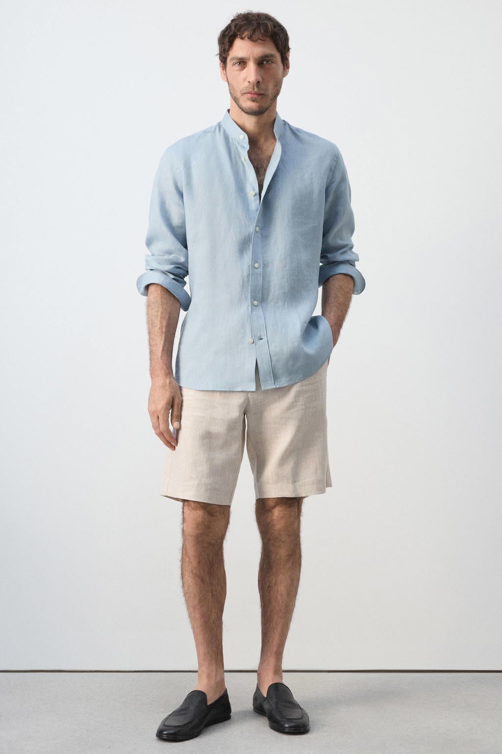 Mango Man linnen regular fit overhemd - lichtblauw