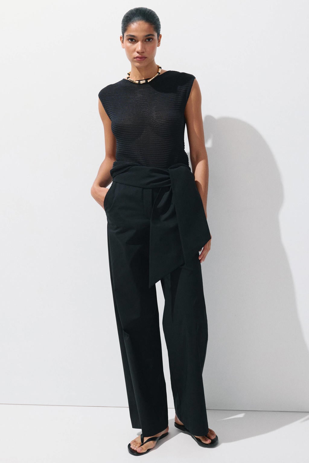 Mango wide leg broek met ceintuur - zwart