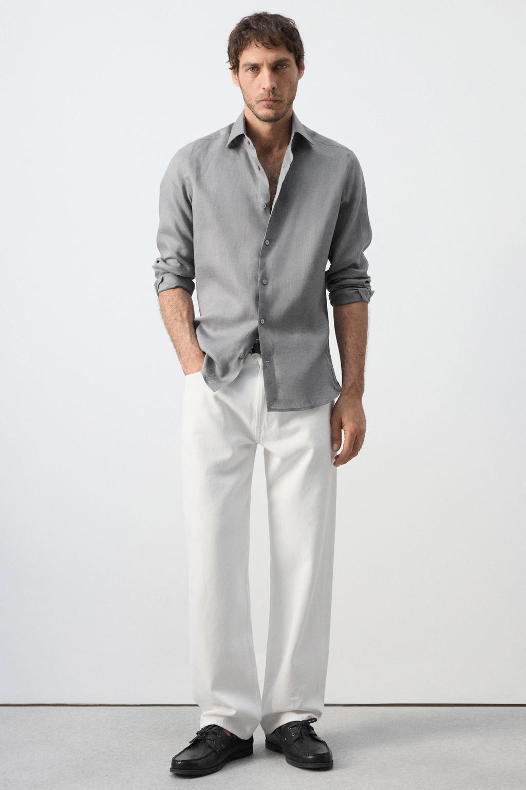 Mango Man linnen slim fit overhemd - antraciet