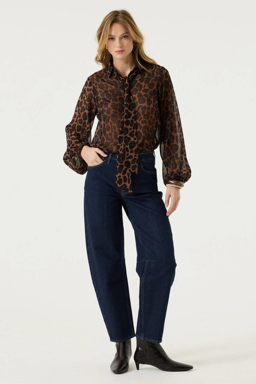 Bruine dames Garcia van polyester met dierenprint, lange mouwen, sjaalkraag en knoopsluiting