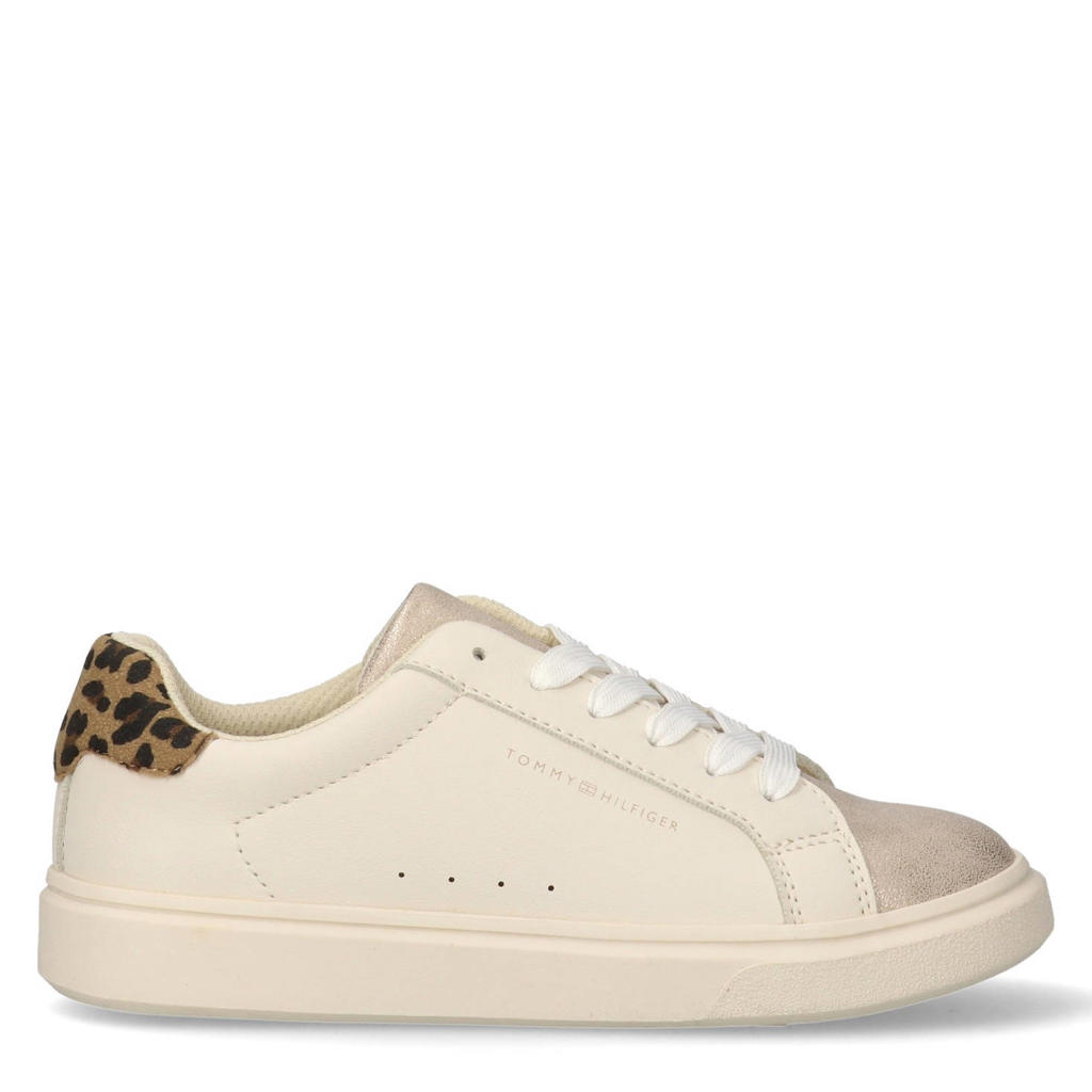 Beige meisjes Tommy Hilfiger imitatieleren sneakers - van 100% pu met veters en panterprint