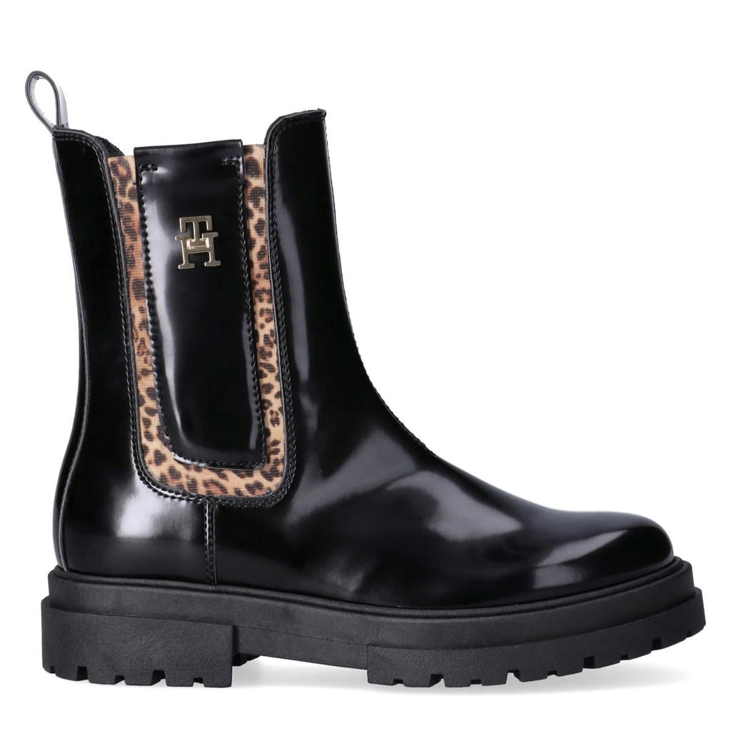 Zwarte meisjes Tommy Hilfiger imitatieleren enkelboots met profielzool en - met panterprint