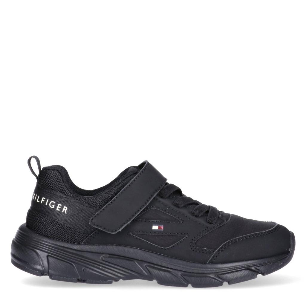 Zwarte jongens Tommy Hilfiger imitatieleren sneakers - van 55% polyester/45% pu met veter- met klittenbandsluiting