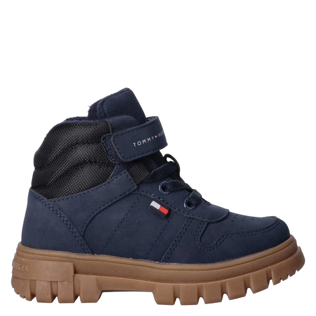 Donkerblauw en zwarte jongens Tommy Hilfiger veterschoenen met profielzool - van 50% polyester/30% pu/20% polyester met elastische veter- met klittenbandsluiting