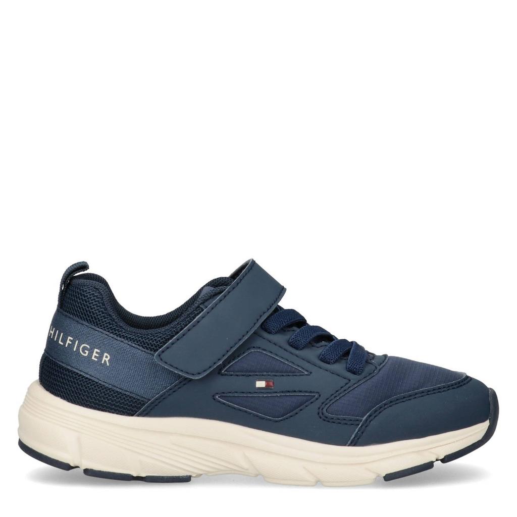 Donkerblauwe jongens Tommy Hilfiger imitatieleren sneakers - van 55% polyester/45% pu met veter- met klittenbandsluiting