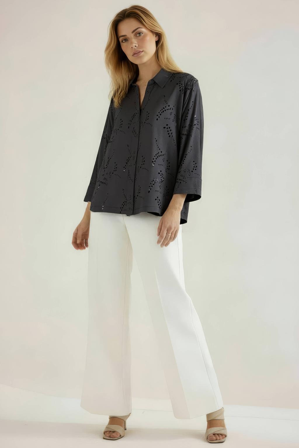 Zwarte dames s.Oliver BLACK LABEL blouse van katoen met effen, lange mouwen, klassieke kraag, knoopsluiting en broderie