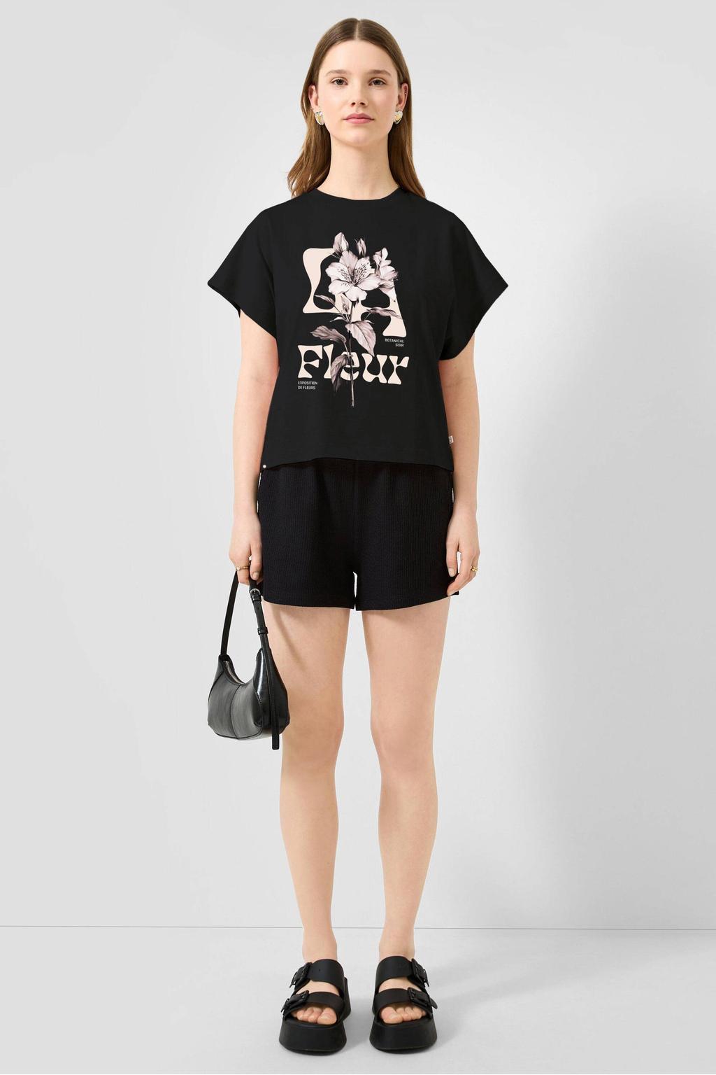 Zwart, ecru en oudroze dames QS T-shirt van katoen met printopdruk, korte mouwen en ronde hals
