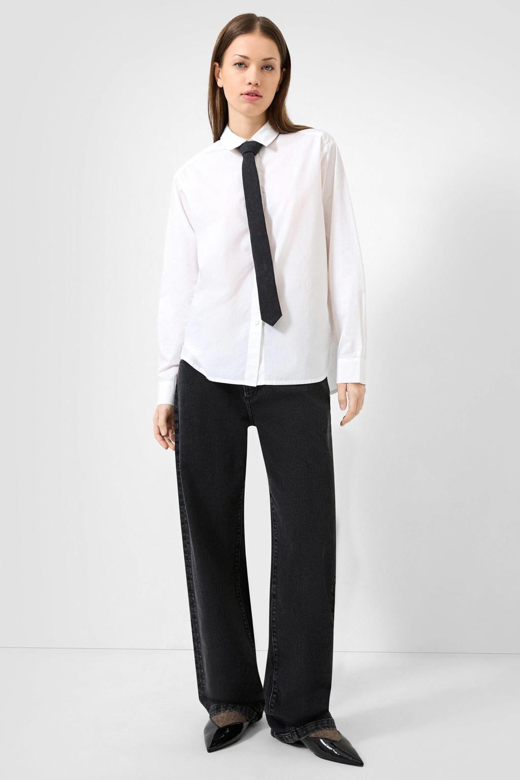 Witte dames QS blouse van katoen met effen, lange mouwen, klassieke kraag en knoopsluiting
