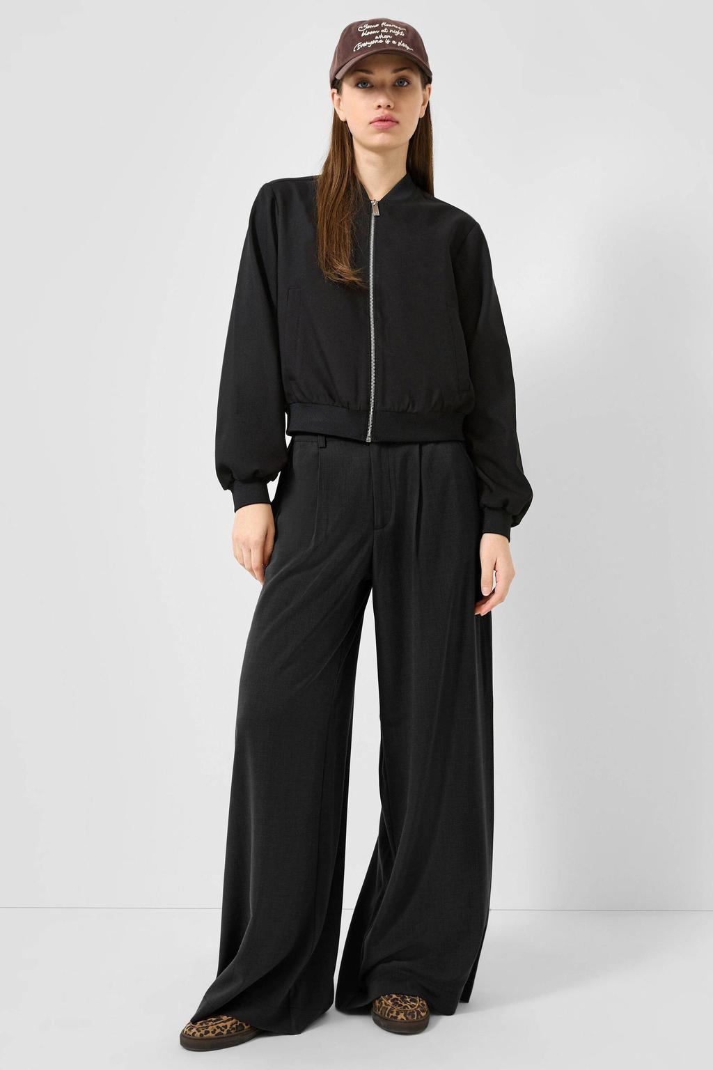 Zwarte dames QS bomberjack van polyester met effen, lange mouwen, ronde hals en ritssluiting