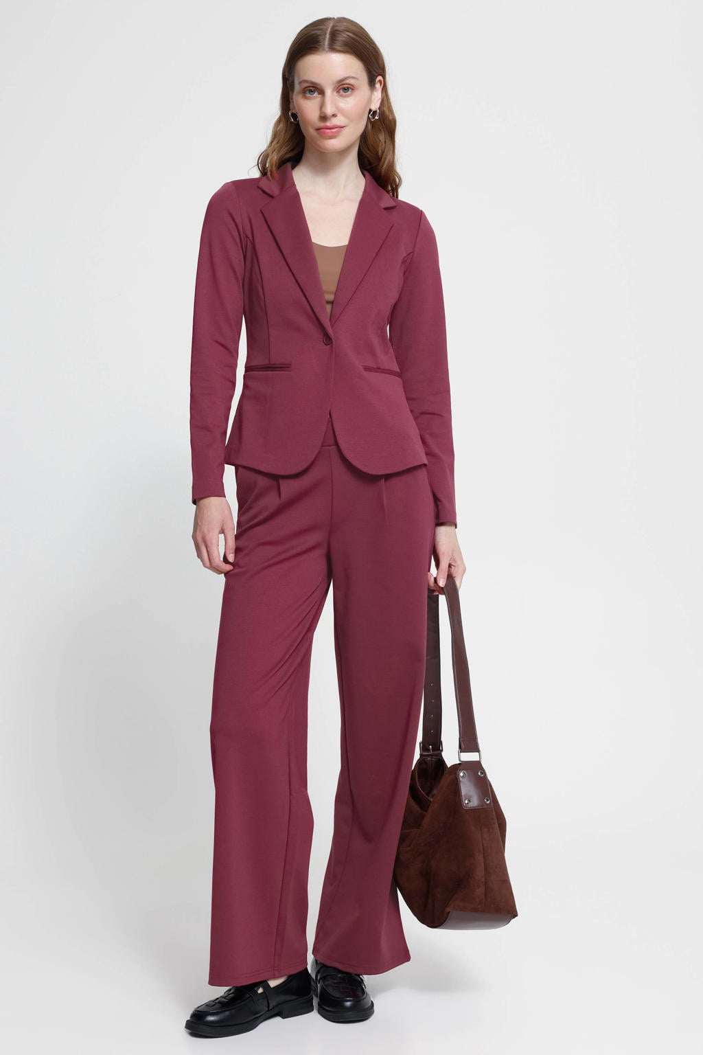 Donkerrode dames ICHI jersey getailleerde blazer van polyester met effen, lange mouwen, reverskraag en knoopsluiting