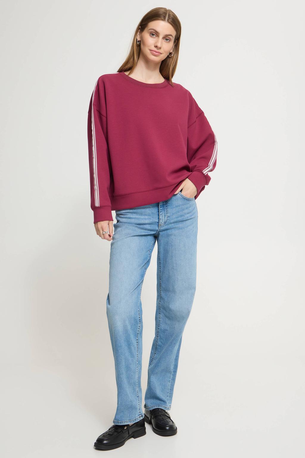 Rood en witte dames ICHI sweater met effen, lange mouwen en ronde hals