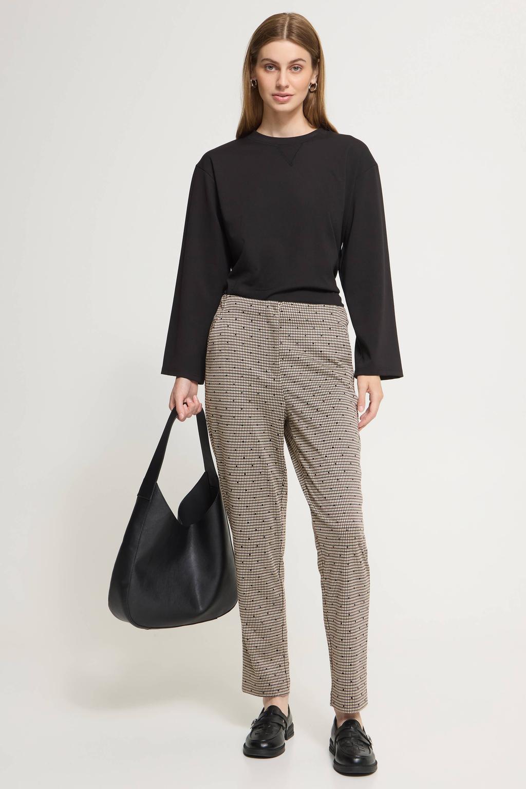 Bruine dames ICHI tapered geruite broek met high waist en rits- en haaksluiting
