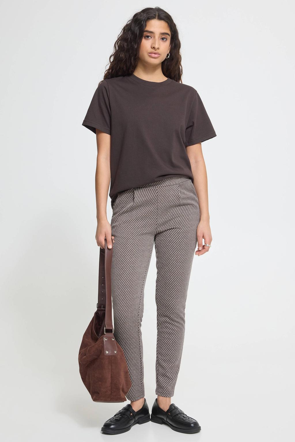 Bruine dames ICHI tapered gestreepte broek met regular waist en elastische inzet