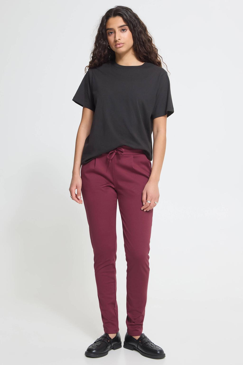 Donkerrode dames ICHI jersey regular fit pantalon van polyester met elastische tailleband met koord en effen