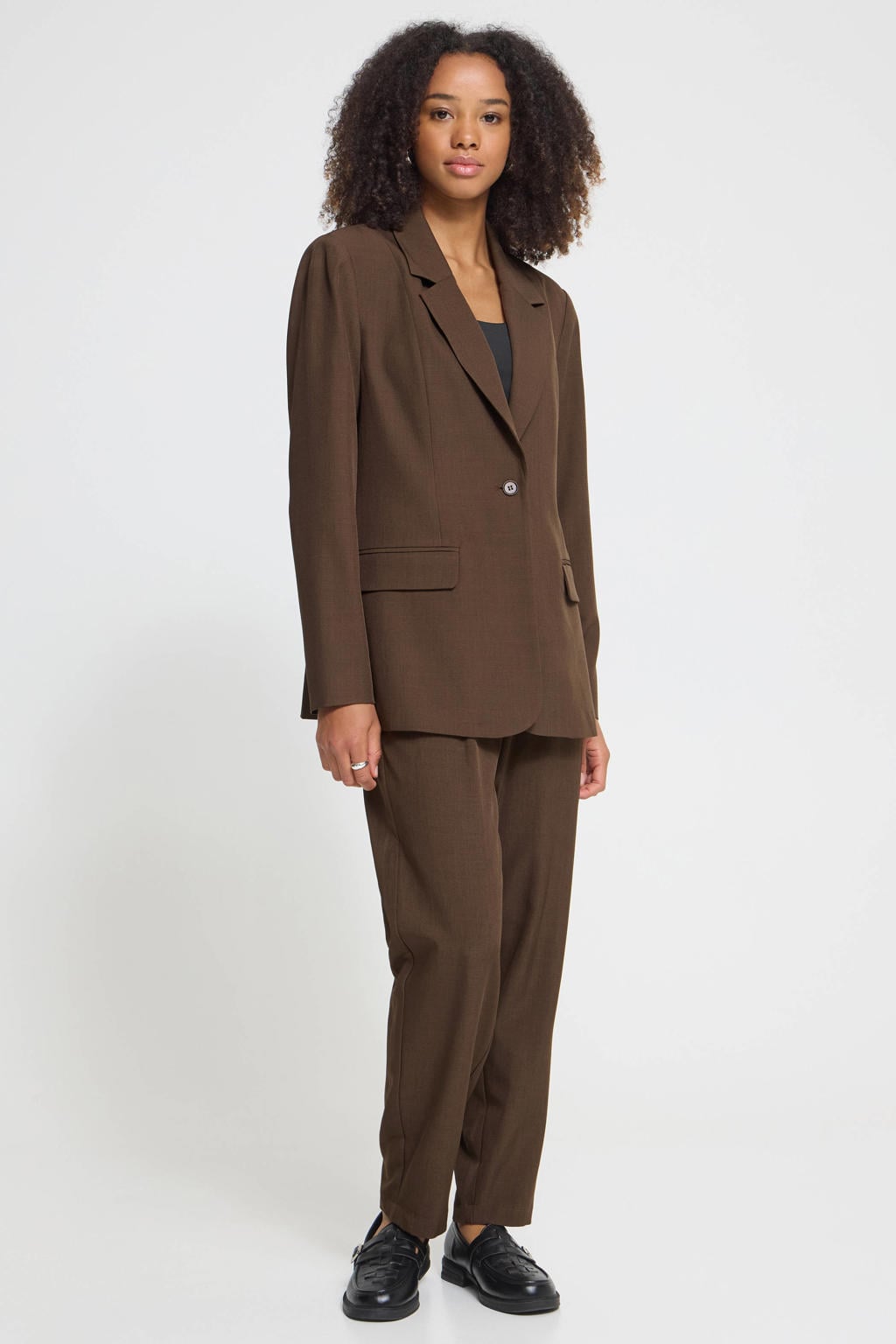 Bruine dames ICHI blazer van polyester met effen, lange mouwen, reverskraag en knoopsluiting