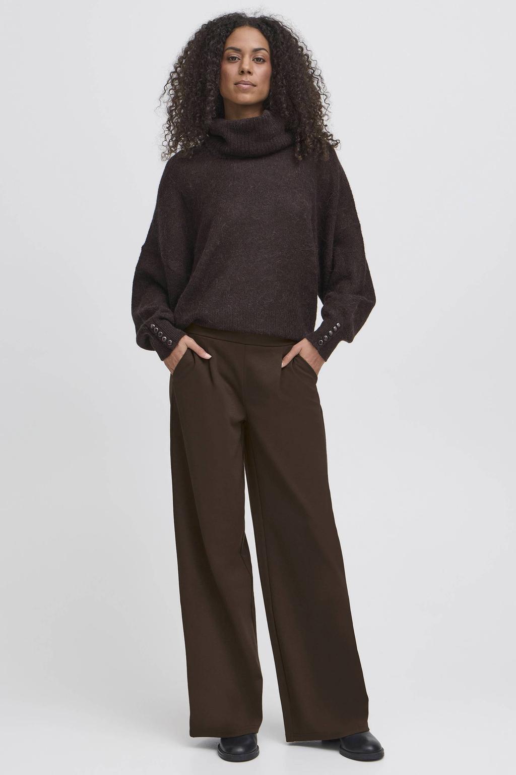 Bruine dames ICHI high waist wide leg pantalon met effen