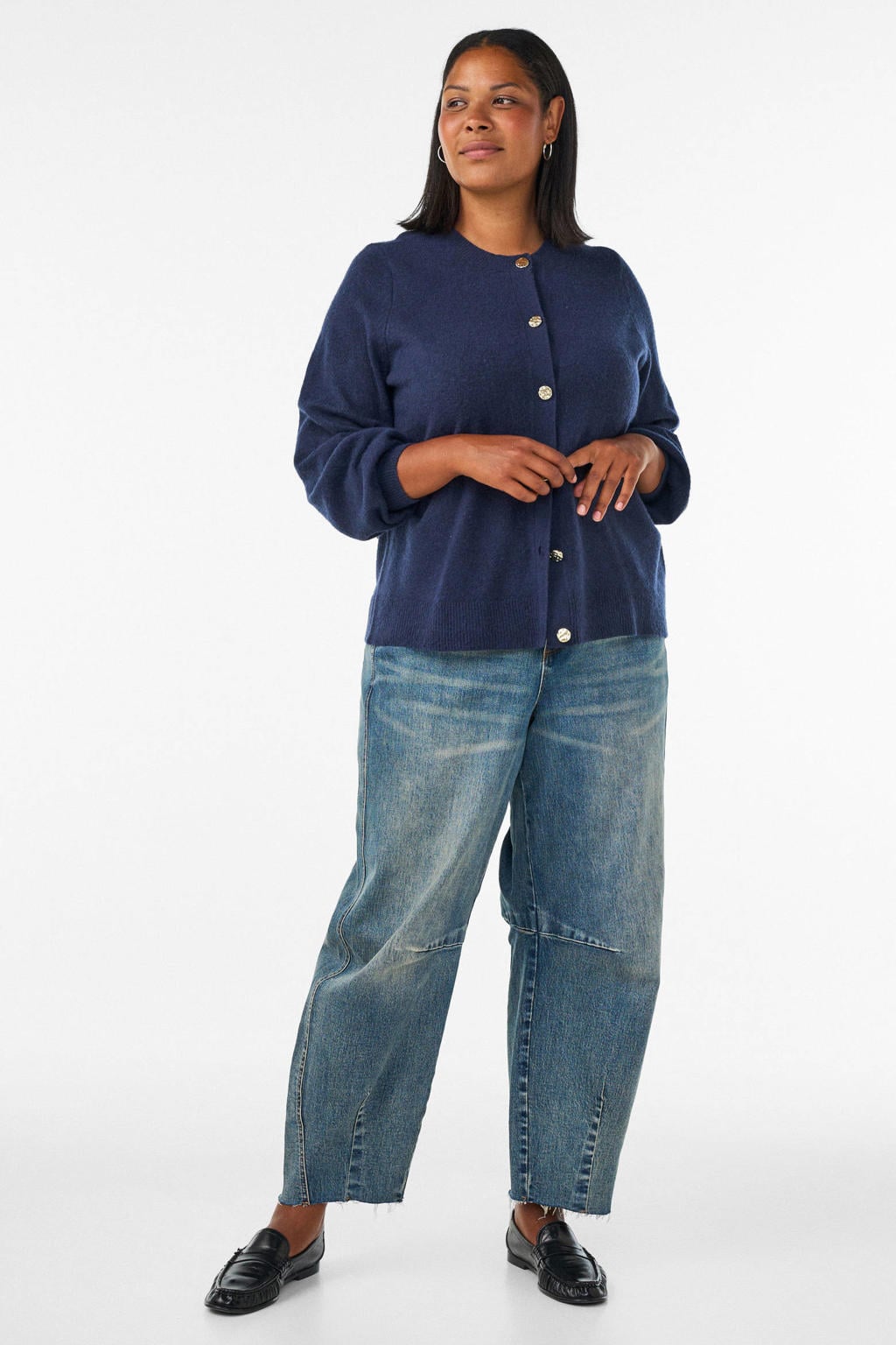 Blauwe dames Zizzi gebreide vest Plus Size van polyamide met effen, lange mouwen en knoopsluiting