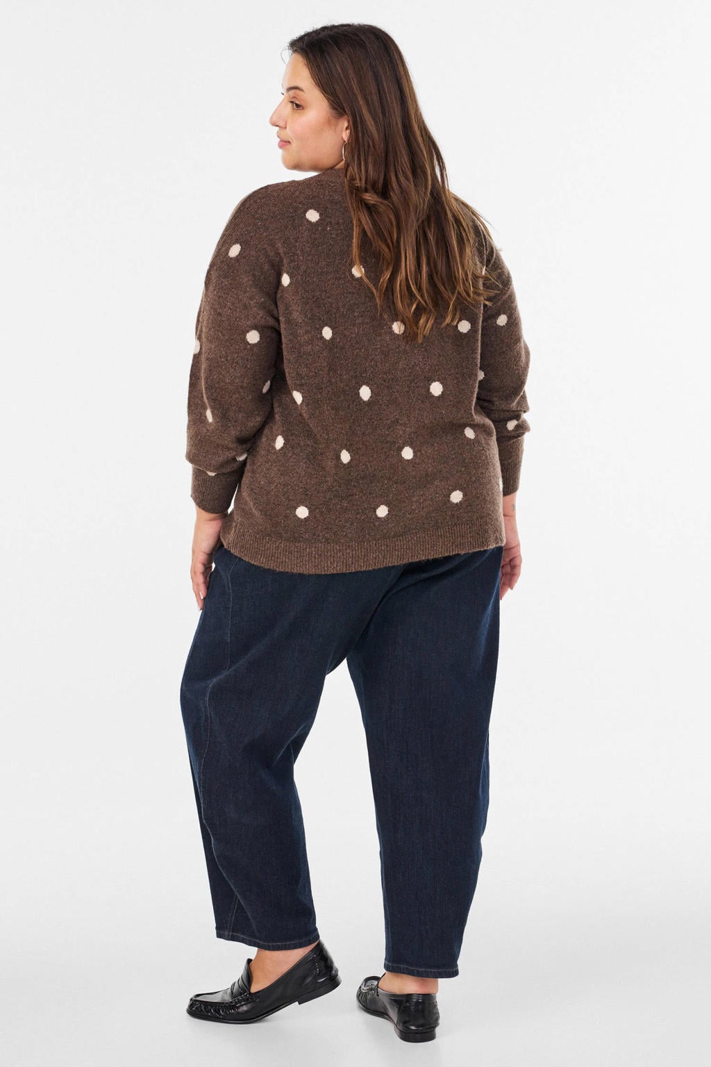 Bruine dames Zizzi gebreid vest en wol Plus Size met stippenprint, lange mouwen en knoopsluiting