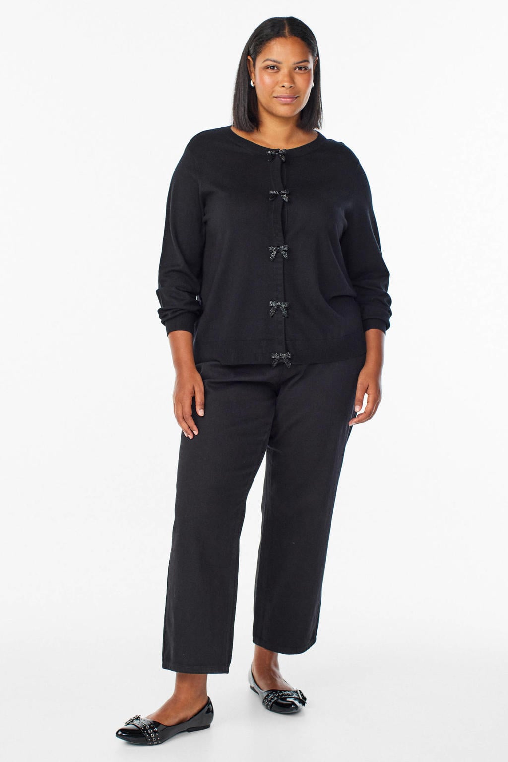 Zwarte dames Zizzi Plus Size gebreid vest van viscose met effen, lange mouwen en drukknoopsluiting