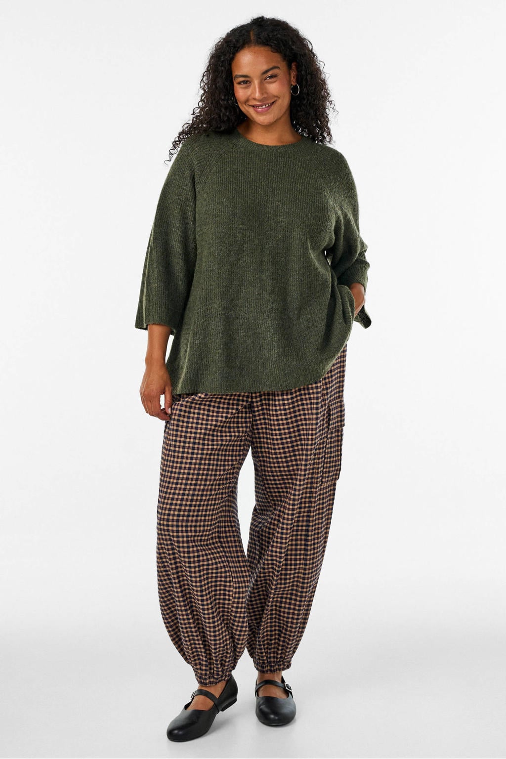 Groene dames Zizzi gebreide trui Plus Size van acryl met effen en lange mouwen