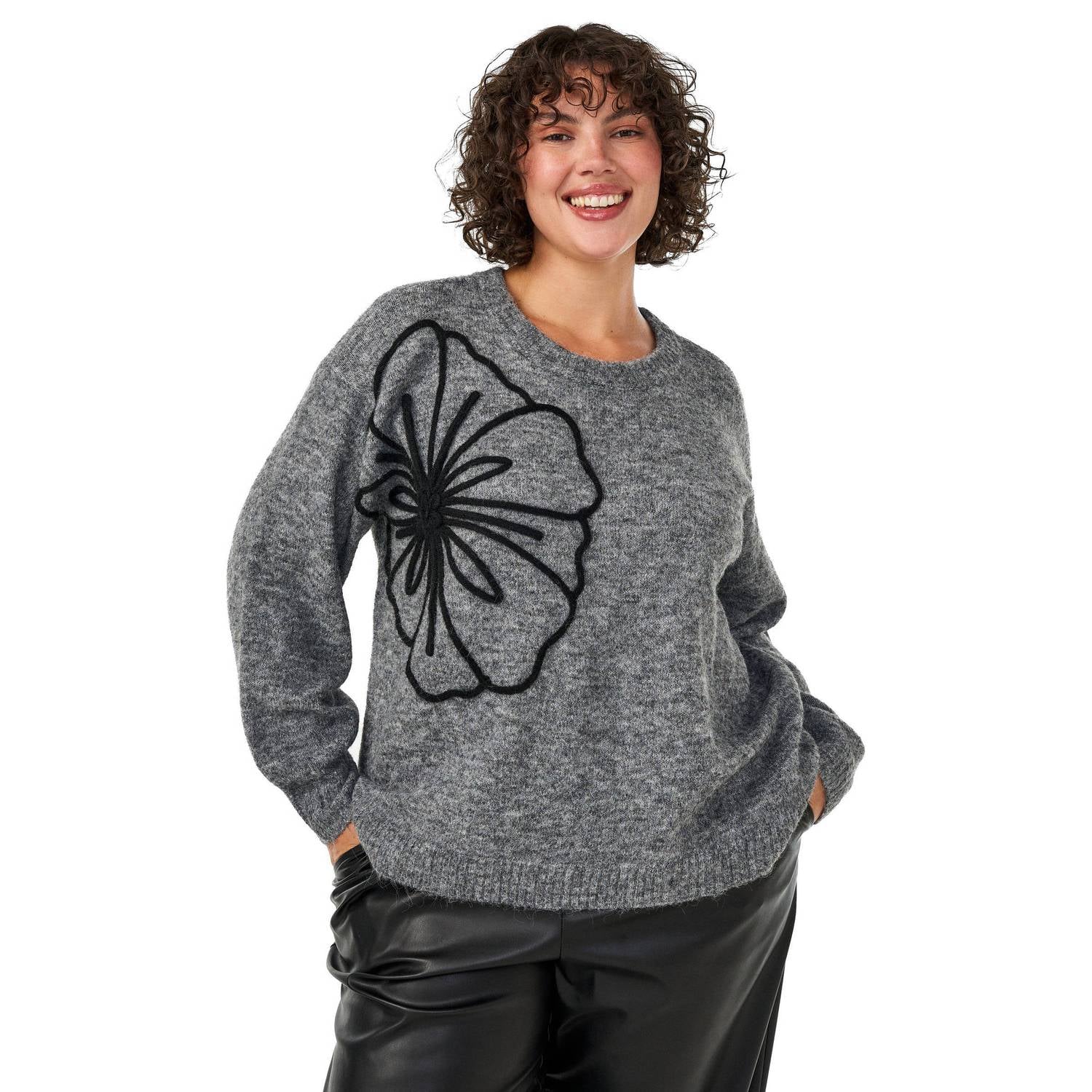 Zizzi Plus Size gebreide trui met borduursels en wol grijs