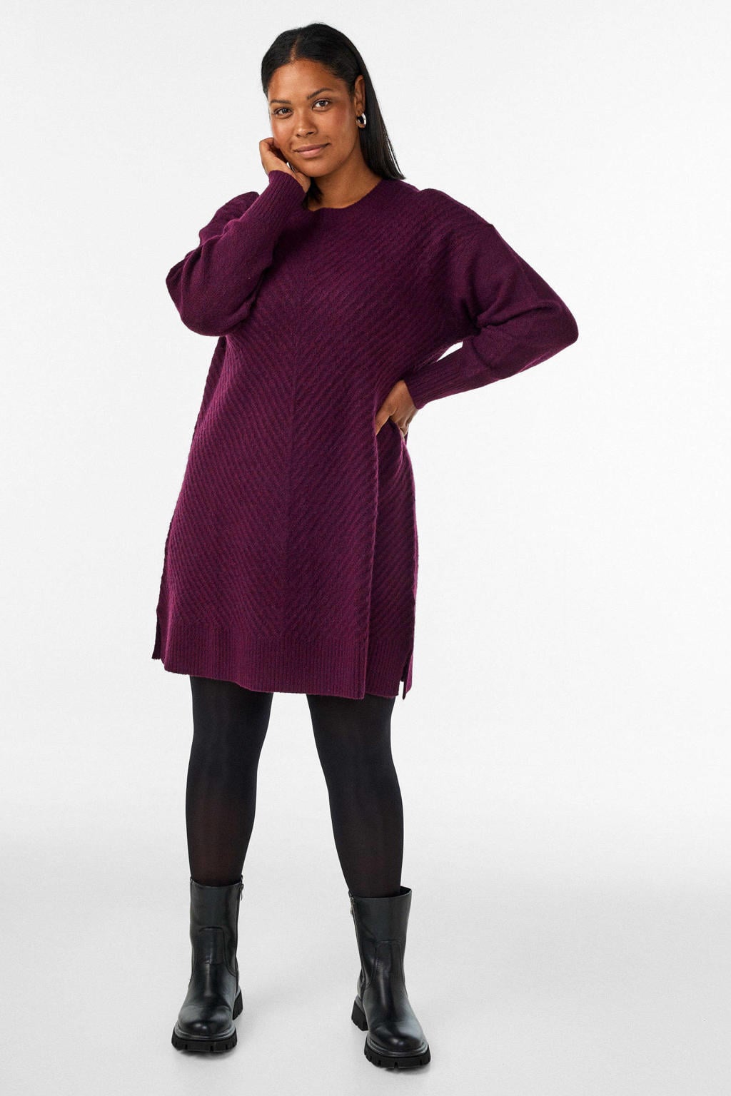 Donkerrode dames Zizzi Plus Size gebreide midi jurk van acryl met effen en lange mouwen