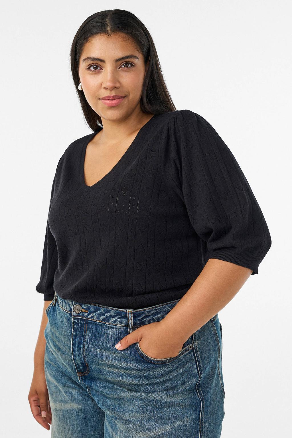 Zwarte dames Zizzi gebreide trui Plus Size van viscose met effen en lange mouwen